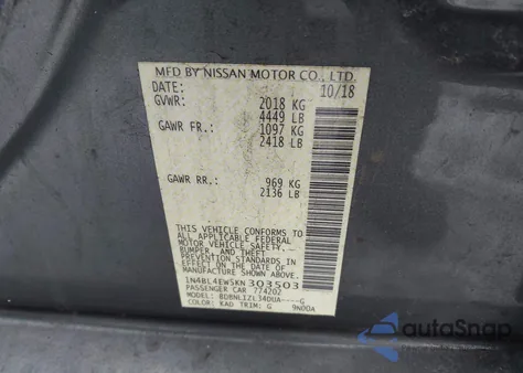 2019 Nissan Altima 2.5 Sl из США, поврежденный, VIN 1N4BL4EW5KN303503